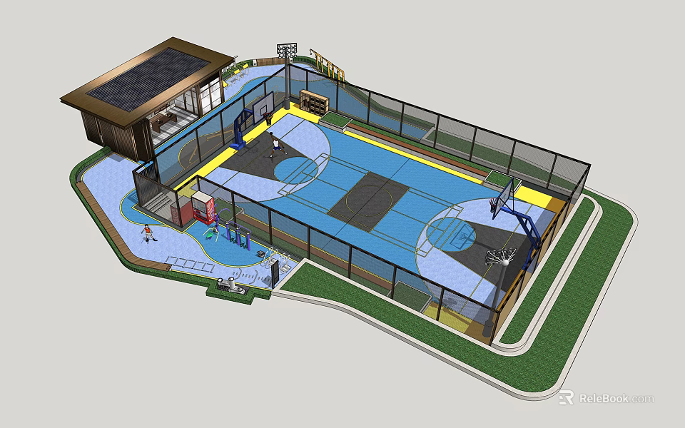 Outdoor Basketball Court With Surrounding Fencing And Adjacent Building Structure 3d model 
