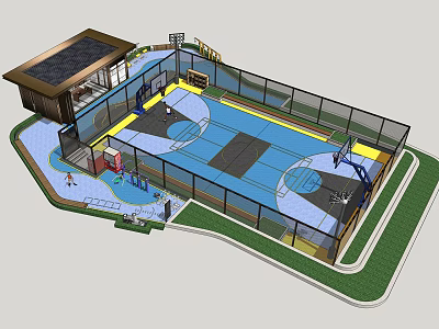 Outdoor Basketball Court With Surrounding Fencing And Adjacent Building Structure 3d model