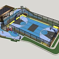 Outdoor Basketball Court With Surrounding Fencing And Adjacent Building Structure