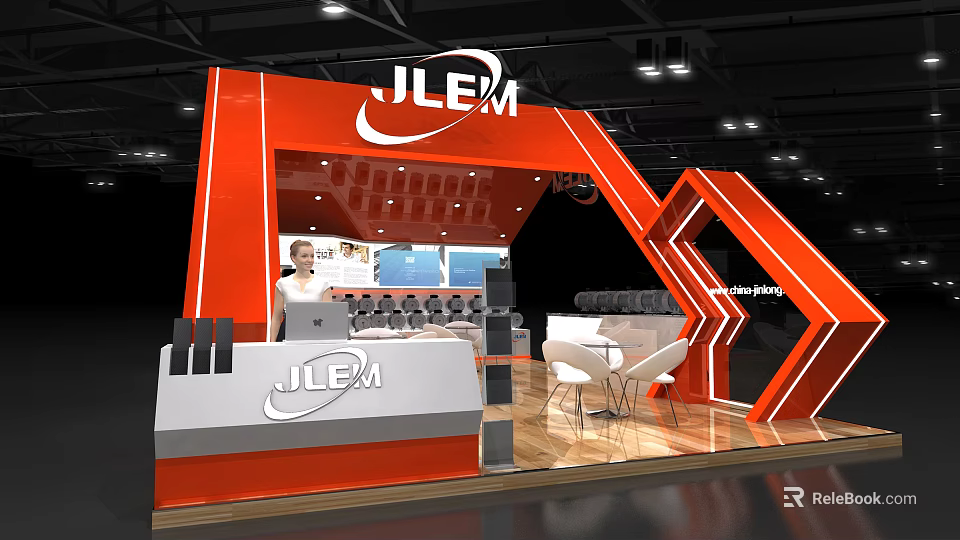 JLEM Red Exhibition Booth With Modern Geometric Design Display Area And Interior Lighting 3d model 