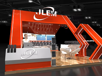 JLEM Red Exhibition Booth With Modern Geometric Design Display Area And Interior Lighting 3d model