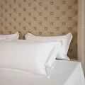 Elegant Double Bed Featuring Beige Tufted Headboard And White Bed Sheets With Pillows 3d model