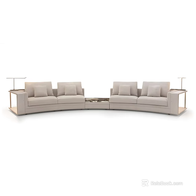Curved Light Beige Sectional Sofa Set With Soft Cushions Coffee Table And Side Tables 3d model 