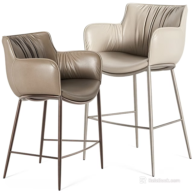 Modern Bar Stools with Leather Upholstery Brown and Beige Tones Metal Legs and Comfortable Armrests 3d model 