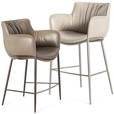 Modern Bar Stools with Leather Upholstery Brown and Beige Tones Metal Legs and Comfortable Armrests 3d model