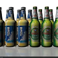 Multiple Snow And Tsingtao Beer Bottles With Blue Green Labels On White Background