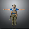 3D Tactical Character With Helmet Blue Shirt Brown Vest Green Pants Knee Pads And Rifle
