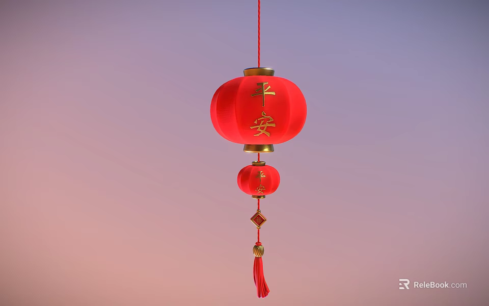 Traditional Red Decorative Lantern With Peace Characters And Tassel Design 3d model 