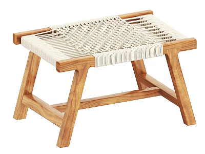 Modern Rustic Wooden Stool With Hand Woven Seat And Solid Legs 3d model