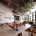 Modern Café Interior With Wooden Counter Cashier Area Gray Wall Green Plants And Hanging Lights