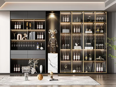Modern Wine Cabinet Interior With Glass Doors Gold Frame And Decorative Wine Bottles Glassware 3d model