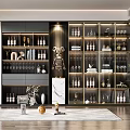 Modern Wine Cabinet Interior With Glass Doors Gold Frame And Decorative Wine Bottles Glassware