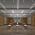 Modern Conference Room With Wooden Walls Long Tables Chairs And Ceiling Design