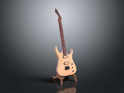Wooden Electric Guitar Displayed On Stand With Natural Wood Neck And Body 3d model