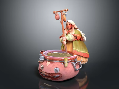 Game Movie Character White Hair Green Red Outfit Holding Gourd Staff By Pink Face Cauldron 3d model
