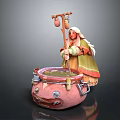 Game Movie Character White Hair Green Red Outfit Holding Gourd Staff By Pink Face Cauldron