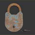 Rusty Metal Door Handle With Padlock And Silver Key On Dark Surface 3d model