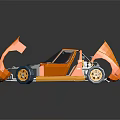 Orange 3D Car Model Featuring Open Doors Yellow Rims And Black Design Details