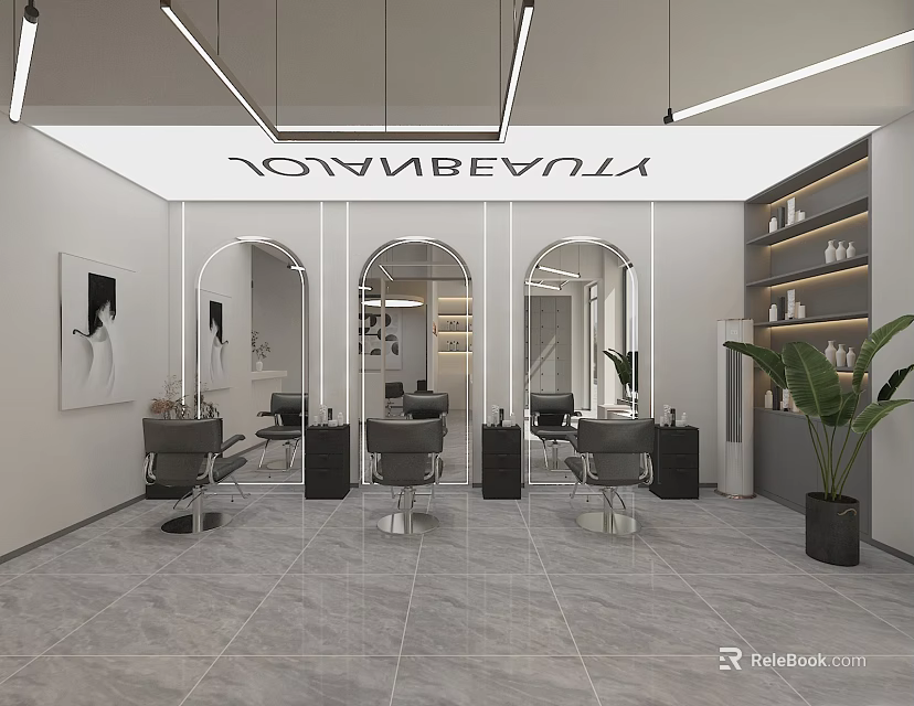 Beauty Salon Store in Mall with Modern Interior Mirrors Hairdressing Chairs Plants and Shelves 3d model 