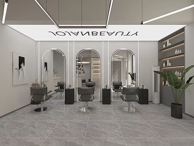 Beauty Salon Store in Mall with Modern Interior Mirrors Hairdressing Chairs Plants and Shelves 3d model