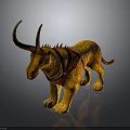 Fantasy Warrior Riding Spotted Yellow Creature With Long Horns Spiked Back Red Saddle