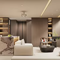 Warm Neutral New Chinese Style Living Room With Cozy Sofa And Well Lit Display Cabinets