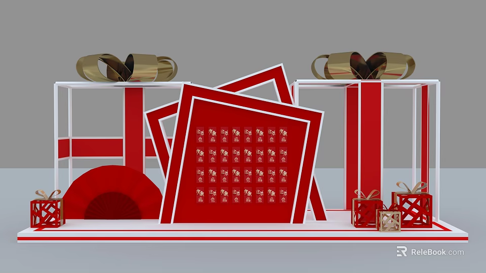 Festive Red Gift Display With Red Gift Boxes Golden Bows And Red Frames 3d model 
