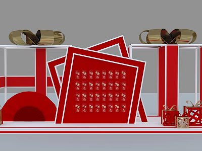 Festive Red Gift Display With Red Gift Boxes Golden Bows And Red Frames 3d model