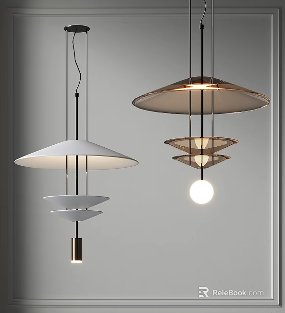 Modern Minimalist Hanging Pendant Lights With White Brown Layered Disc Design And Spherical Bulb 3d model 