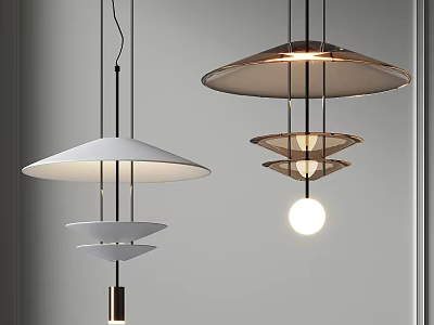 Modern Minimalist Hanging Pendant Lights With White Brown Layered Disc Design And Spherical Bulb 3d model