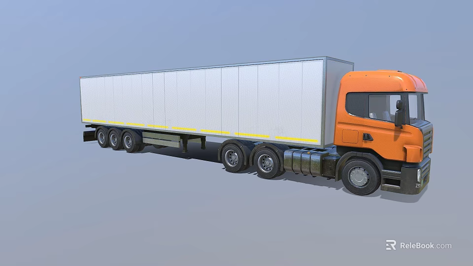 Orange Cab Cargo Truck With White Long Trailer And Multiple Wheels 3d model 
