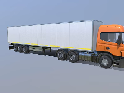 Orange Cab Cargo Truck With White Long Trailer And Multiple Wheels 3d model