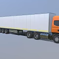Orange Cab Cargo Truck With White Long Trailer And Multiple Wheels 3d model