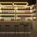 Tsingtao Bar Interior Featuring Warm Lighting Wooden Stools And Shelves Full Of Bottles