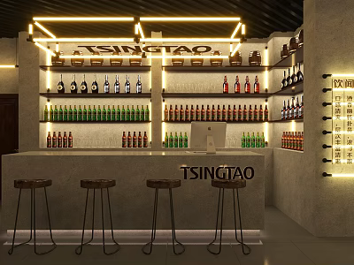 Tsingtao Bar Interior Featuring Warm Lighting Wooden Stools And Shelves Full Of Bottles 3d model