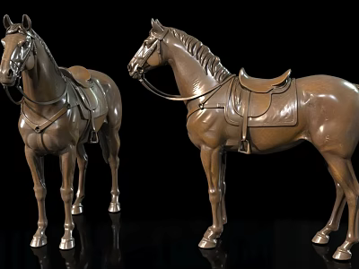 Exquisite Bronze Horse Sculptures With Detailed Saddle Reins And Realistic Design 3d model