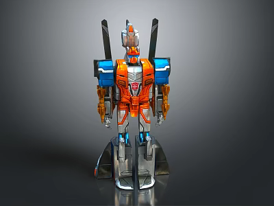 Colorful Robot Action Figure With Orange Blue Silver Mechanical Wings And Standing Pose 3d model