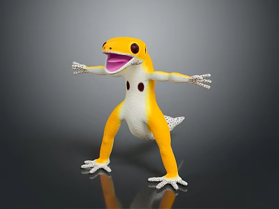 Yellow And White Gecko 3D Model With Outstretched Limbs Red Eyes Open Mouth Gray Background 3d model