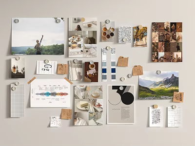 Creative Photo Wall with Landscape Photos People Collages Charts Shapes Notes Cards on Light Background 3d model