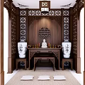 Traditional Chinese Buddhist Shrine Cabinet with Intricate Wooden Carvings Buddha Statue and Decorative Vases