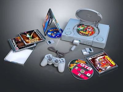 Vintage Game Console Entertainment Electronics With Controllers Discs And Game Cases 3d model