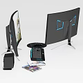 Gaming Computer Setup With Monitor Displaying Game Character Black Speakers Keyboard And Game Discs