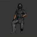 Tactical Gear Equipped Figure In Kneeling Stance With Black Helmet Orange Sleeves And Camouflage Pants