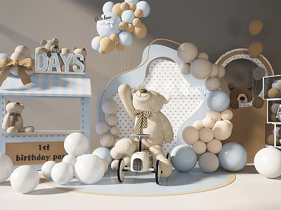 First Birthday Celebration With Teddy Bear On Tricycle And Pastel Balloon Decorations 3d model