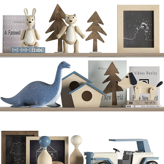 Adorable Stuffed Teddy Bears Dinosaur Doll With Wooden Trees Little House And Frames On Shelves 3d model 