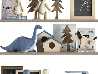 Adorable Stuffed Teddy Bears Dinosaur Doll With Wooden Trees Little House And Frames On Shelves 3d model