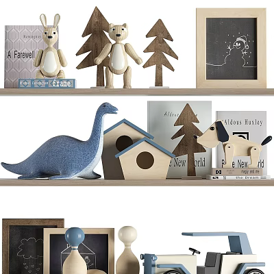 Adorable Stuffed Teddy Bears Dinosaur Doll With Wooden Trees Little House And Frames On Shelves 3d model