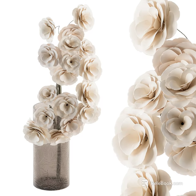 Decorative Textured Ceramic Vase With Beige Paper Flowers On White Background 3d model 