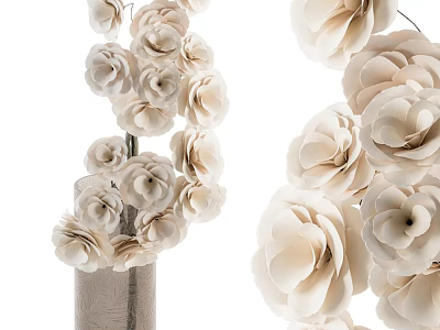 Decorative Textured Ceramic Vase With Beige Paper Flowers On White Background 3d model