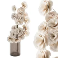 Decorative Textured Ceramic Vase With Beige Paper Flowers On White Background